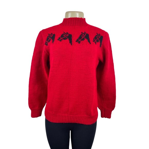 Handmade Knitted Red Sz M/L Sweater With Black Horse Design Long Sleeve Crew Nec - Picture 1 of 5
